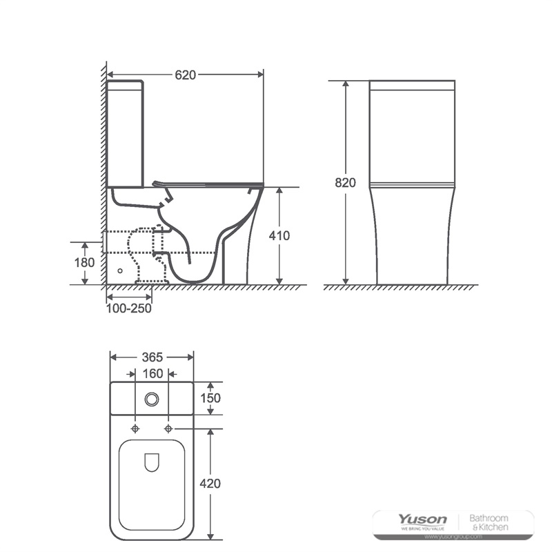 YS22291P2 2-delt kantløst keramisk toalett, P-trap vasketoalett;